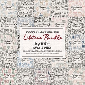 Peut inclure: Une collection d'illustrations de doodles dessinés à la main sur divers thèmes, notamment des graphiques vintage, côtiers, de mariage et de fête. Le lot comprend plus de 6 000 SVG et PNG, avec accès aux futures versions. Le texte de l'image indique "Doodle Illustration Lifetime Bundle".