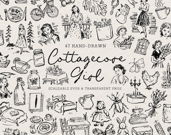 Hand Drawn Cottagecore Doodle Bundle, Spring Lifestyle Line Art Illustrations (SVG & PNG Download)
