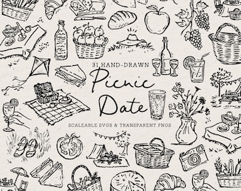 Hand Drawn Picnic Date Doodle Bundle, Food Line Art Illustrations (SVG & PNG Download)
