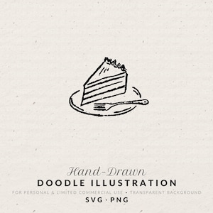 Könnte beinhalten: Eine handgezeichnete Schwarz-Weiß-Doodle-Illustration eines einzelnen Stücks Schichtkuchen auf einem kleinen Teller mit einer Gabel. Das Bild enthält den Text Hand-Drawn DOODLE ILLUSTRATION FOR PERSONAL & LIMITED COMMERCIAL USE SVG PNG.