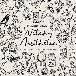 Handgezeichnetes Witchy Doodle Bundle, wunderliche Halloween Line Art Illustrationen (SVG & PNG Icons)