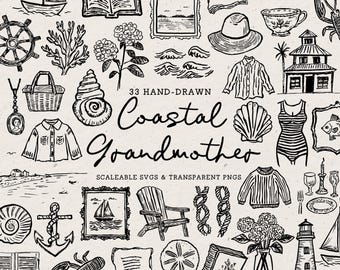 Hand Drawn Coastal Grandmother Doodle Bundle, Grandmillenial Line Art Illustrations (SVG & PNG Download)