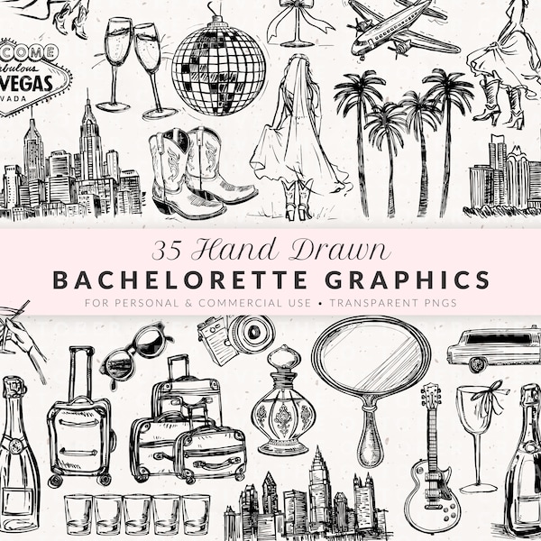 Hand Drawn Bachelorette Weekend Illustration Bundle, SVG PNG, Hen Party Clipart, Last Rodeo, Vegas, Disco, Shots, Travel, Black White Icons