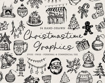 Hand Drawn Vintage Christmastime Illustration Bundle, Winter Christmas Holiday Icons Doodles, Candy Cane, Nutcracker, Stocking, Garland, Mug