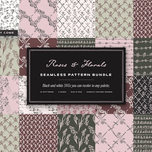 Può includere: Una collezione digitale di dodici motivi senza cuciture con disegni al tratto di rose e fiori in varie tavolozze di colori. Un'etichetta rettangolare nera centrale mostra il testo Roses & Florals SEAMLESS PATTERN BUNDLE.
