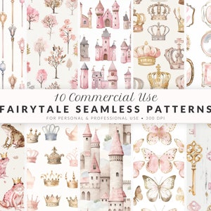 Watercolor Fairytale Seamless Patterns, PNG, Seamless Pattern Bundle, Commercial Use Seamless Patterns, Butterfly Pattern, Crown Pattern