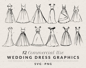 Può includere: Una collezione di dodici grafiche di abiti da sposa disegnati a mano con inchiostro nero. Gli abiti variano nello stile, dalle semplici silhouette a trapezio a design più elaborati con abbellimenti. Il testo in basso recita "12 Commercial Use Wedding Dress Graphics" e "SVG • PNG".