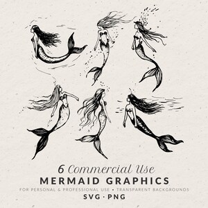 Conjunto de ilustrações de sereia desenhadas à mão SVG PNG, rabiscos de verão, ícones de casamento vintage, clipart de desenho de esboço para convite de casamento na praia