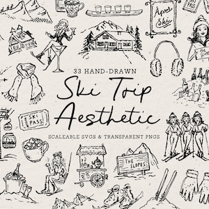 Handgezeichnete Ski Trip Illustrationen, skurrile Winter Doodle Linie Kunst Bundle (SVG & PNG Clipart)