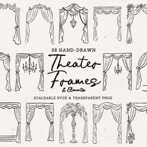 Könnte beinhalten: Handgezeichnete Theaterrahmen-Illustrationen in schwarzer Tinte. Das Bild zeigt 38 verschiedene Designs von Theaterrahmen und Elementen, darunter Vorhänge und Bögen. Der Text lautet "38 Hand-Drawn Theater Frames & Elements".