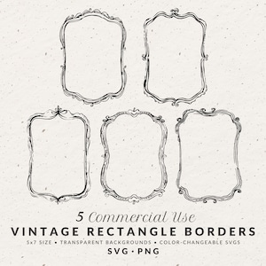 Conjunto de ilustrações de borda retangular vintage desenhadas à mão SVG PNG, tamanho 5x7, clipart barroco com rabiscos caprichosos para convites de casamento
