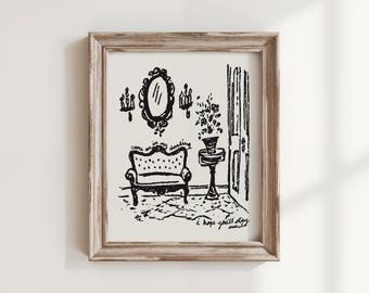 Welcome Settee Art Print, Come On In Darling, Whimsical Romantic Wall Art, Hand Drawn Vintage Entryway Illustration