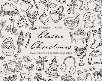 May include: A collection of 35 black and white hand-drawn illustrations featuring Christmas themes including a nutcracker, Santa Claus, a decorated tree, a snow globe, a gingerbread man, stockings, gifts, and festive food and drink items.