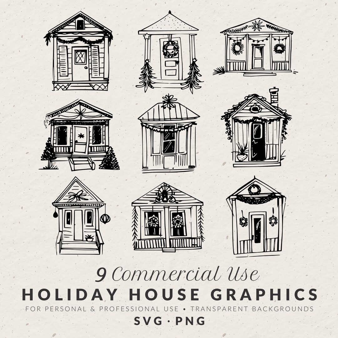 Hand Drawn Vintage Christmas House Illustration SVG PNG, Winter Porch