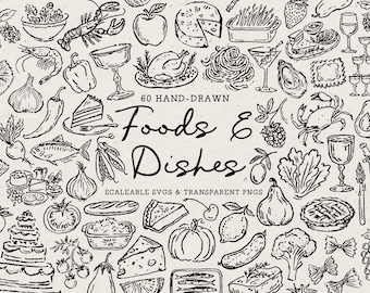 Hand Drawn Food Doodle Bundle, Whimsical Kitchen Line Art Illustrations (SVG & PNG Download)