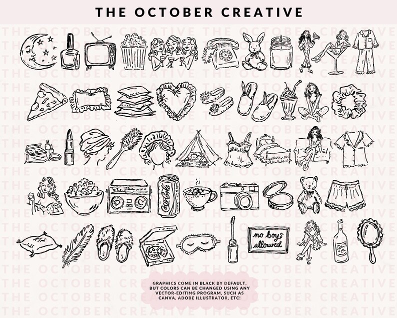 Slumber Party Clipart, Hand Drawn Doodle Icons, Sleepover Bachelorette ...