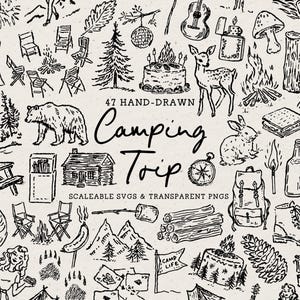 Puede incluir: Ilustraciones en blanco y negro dibujadas a mano con temática de camping, que incluyen un oso, un ciervo, una fogata, una tienda de campaña y una cabaña. El texto "Camping Trip" se muestra de forma destacada, junto con la frase "47 Hand-Drawn".