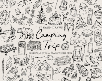 Hand Drawn Camping Trip Doodle Bundle, Summer Line Art Illustrations (SVG & PNG Download)