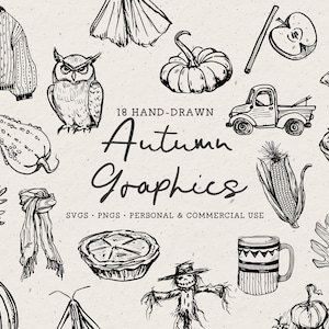 Pacote de ilustrações vintage de outono desenhadas à mão SVG PNG, ícones de Halloween de outono, rabiscos caprichosos, coruja, torta de abóbora, fantasma, folhas, chá