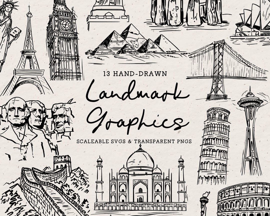 Hand Drawn Famous Landmarks Doodle Bundle, Architecture Line Art ...