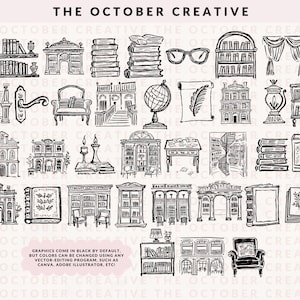 Hand Drawn Grand Library Doodle Bundle, Book Line Art Illustrations (SVG & PNG Download) image 3