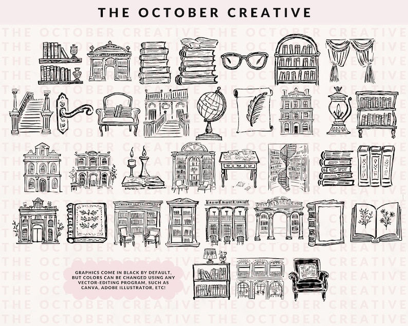 Hand Drawn Grand Library Doodle Bundle, Book Line Art Illustrations (SVG & PNG Download) image 3