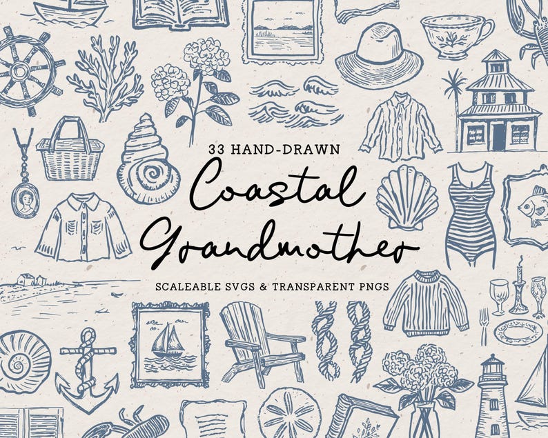 Hand Drawn Coastal Grandmother Doodle Bundle, Grandmillenial Line Art Illustrations (SVG & PNG Download) image 2