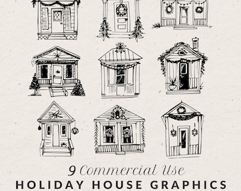 Hand Drawn Christmas House Illustrations, Whimsical Holiday Doodle Line Art Bundle (SVG & PNG Clipart)