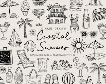 Tropical Summer Clipart, Hand-Drawn Coastal Icons (SVG, PNG)