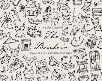 May include: A collection of 41 hand-drawn black ink illustrations on a light background featuring boudoir-themed items including lingerie, furniture, and accessories. The central text reads 41 HAND-DRAWN The Boudoir SCALABLE SVGS & TRANSPARENT PNGS.