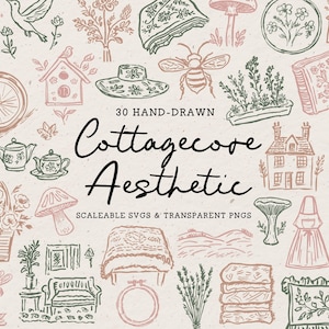 Hand Drawn Cottagecore Doodle Bundle, Aesthetic Line Art Illustrations (SVG & PNG Clipart) image 1