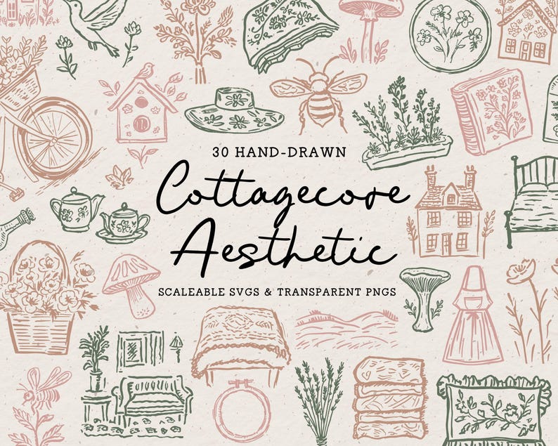 Hand Drawn Cottagecore Doodle Bundle, Aesthetic Line Art Illustrations (SVG & PNG Clipart) image 1