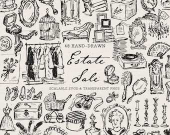 May include: A collection of 48 hand-drawn black and white illustrations featuring estate sale items including furniture, mirrors, clothing on a rack, a record player, a clock, jewelry boxes, a baby carriage, binoculars, and various household decor.