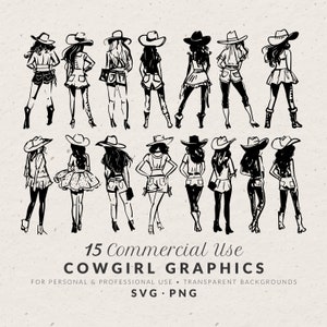 Handgezeichnete Cowgirl Illustration Bundle SVG PNG, Vintage Rodeo Doodle, Western Icons, Skizze Clip Art für die Bachelorette Party Einladung