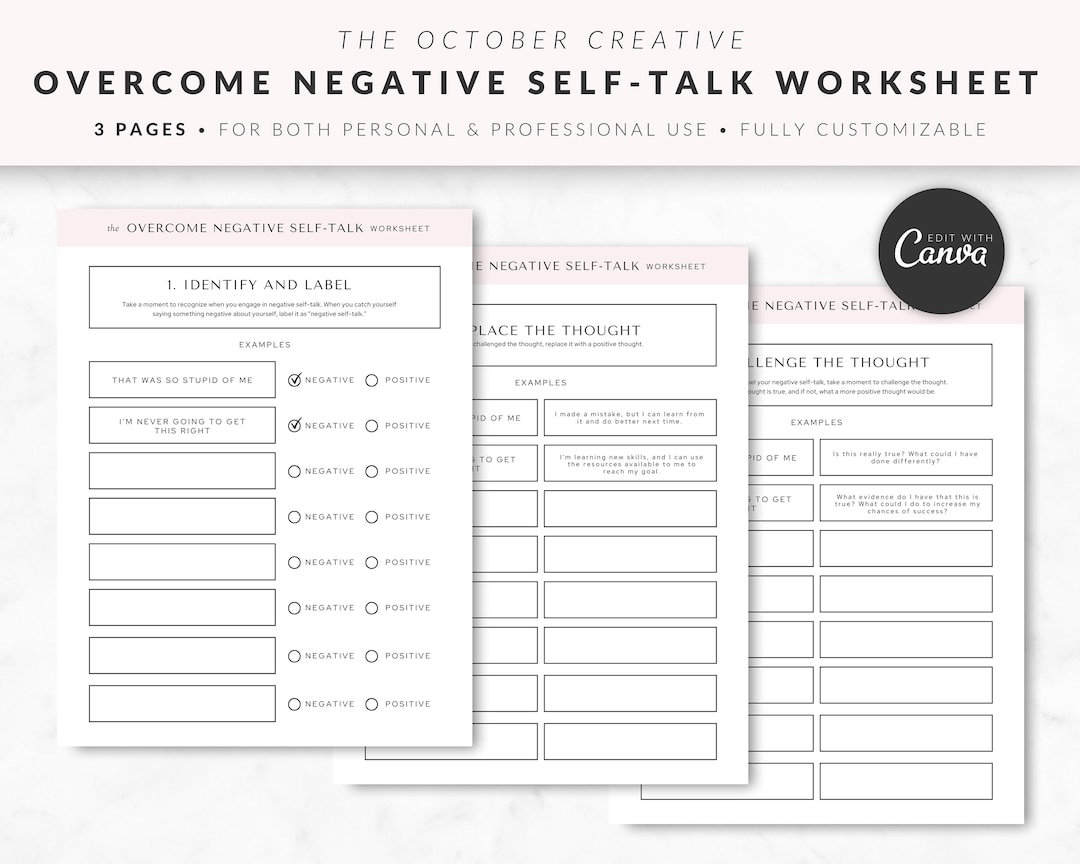 Negative Self Talk Worksheet Template, Done for You Life Coaching