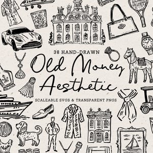Hand Drawn Old Money Doodle Bundle, Whimsical Line Art Illustrations (SVG PNG) image 1