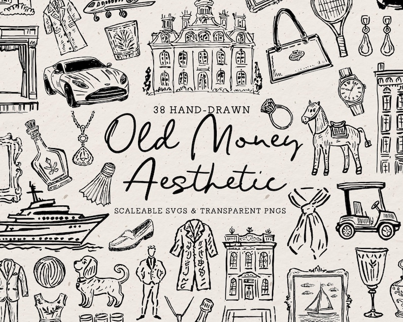 Hand Drawn Old Money Doodle Bundle, Whimsical Line Art Illustrations (SVG PNG) image 1