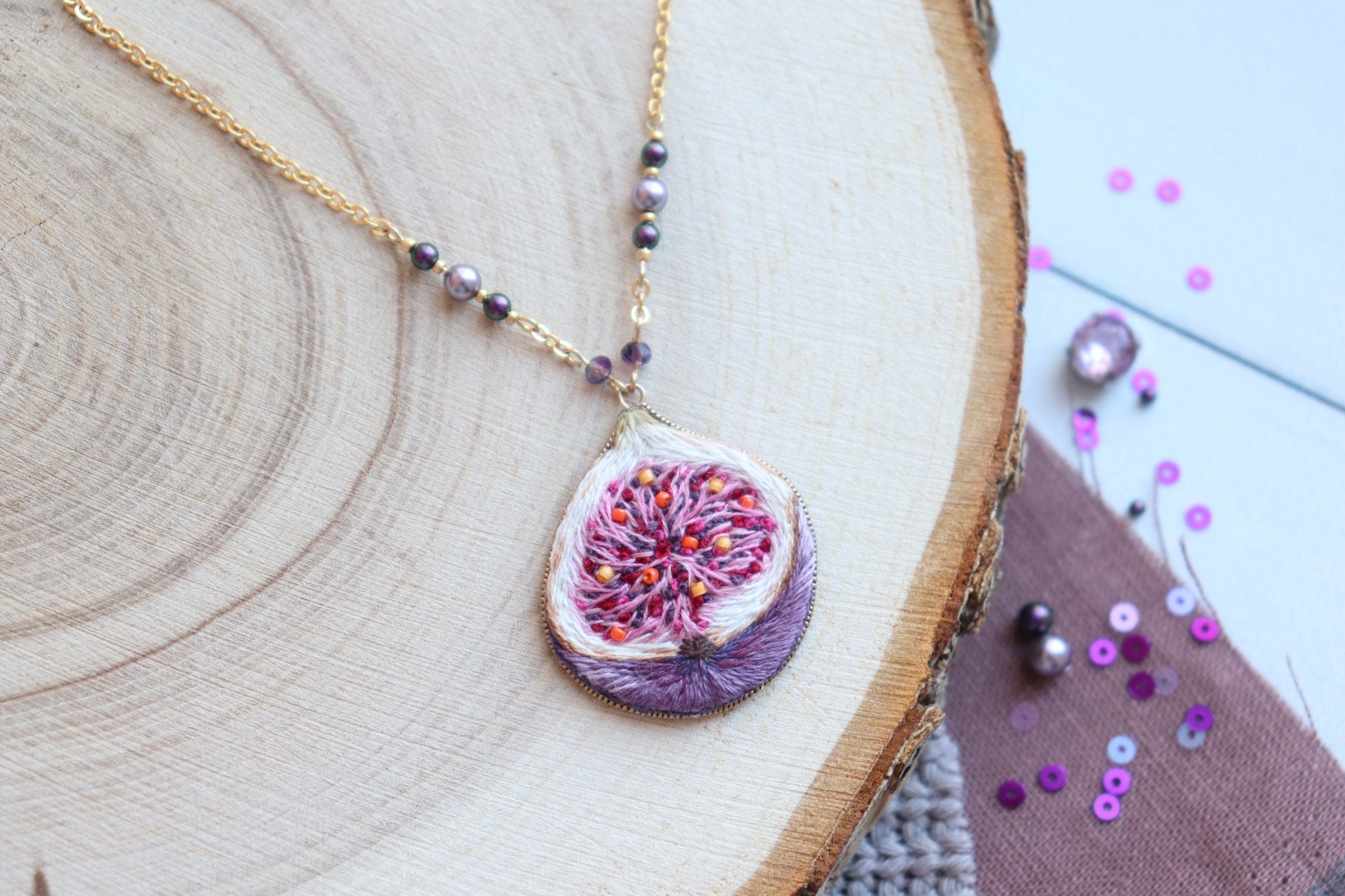 Fig fruit necklace dainty fig jewelry boho embroidered Etsy