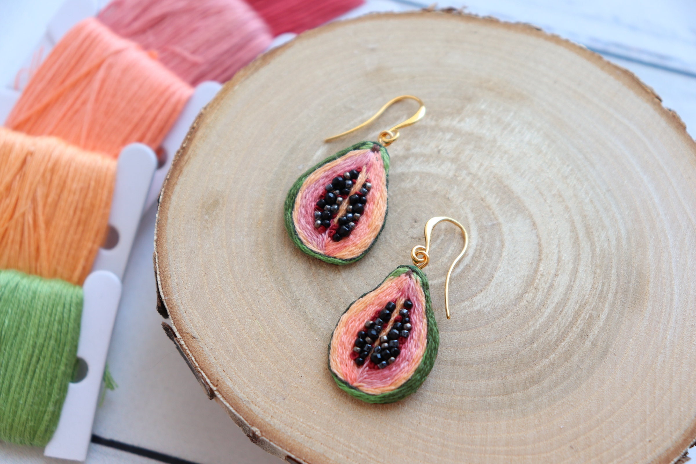 Fruit papaya earrings embroidered food earrings Etsy
