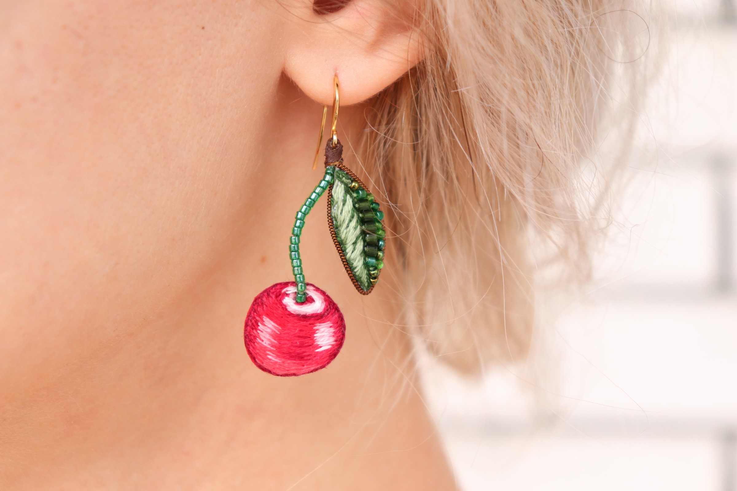 Red cherry earrings dangle fruit earrings embroidered food Etsy