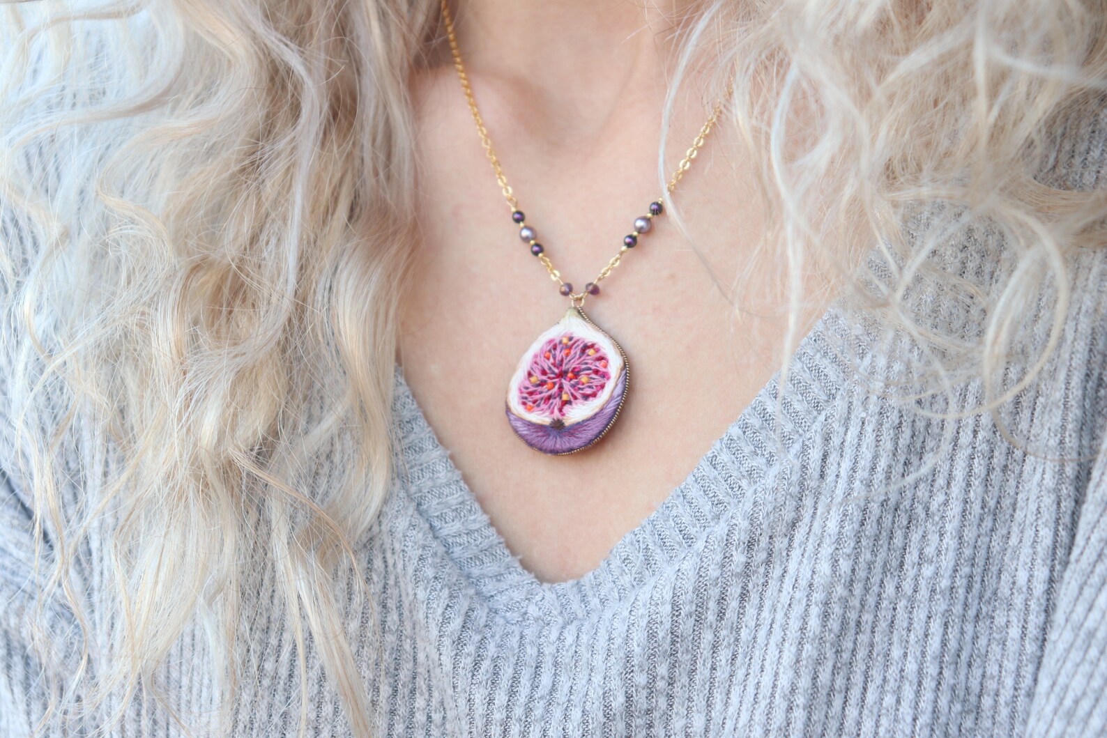 Fig fruit necklace dainty fig jewelry boho embroidered | Etsy