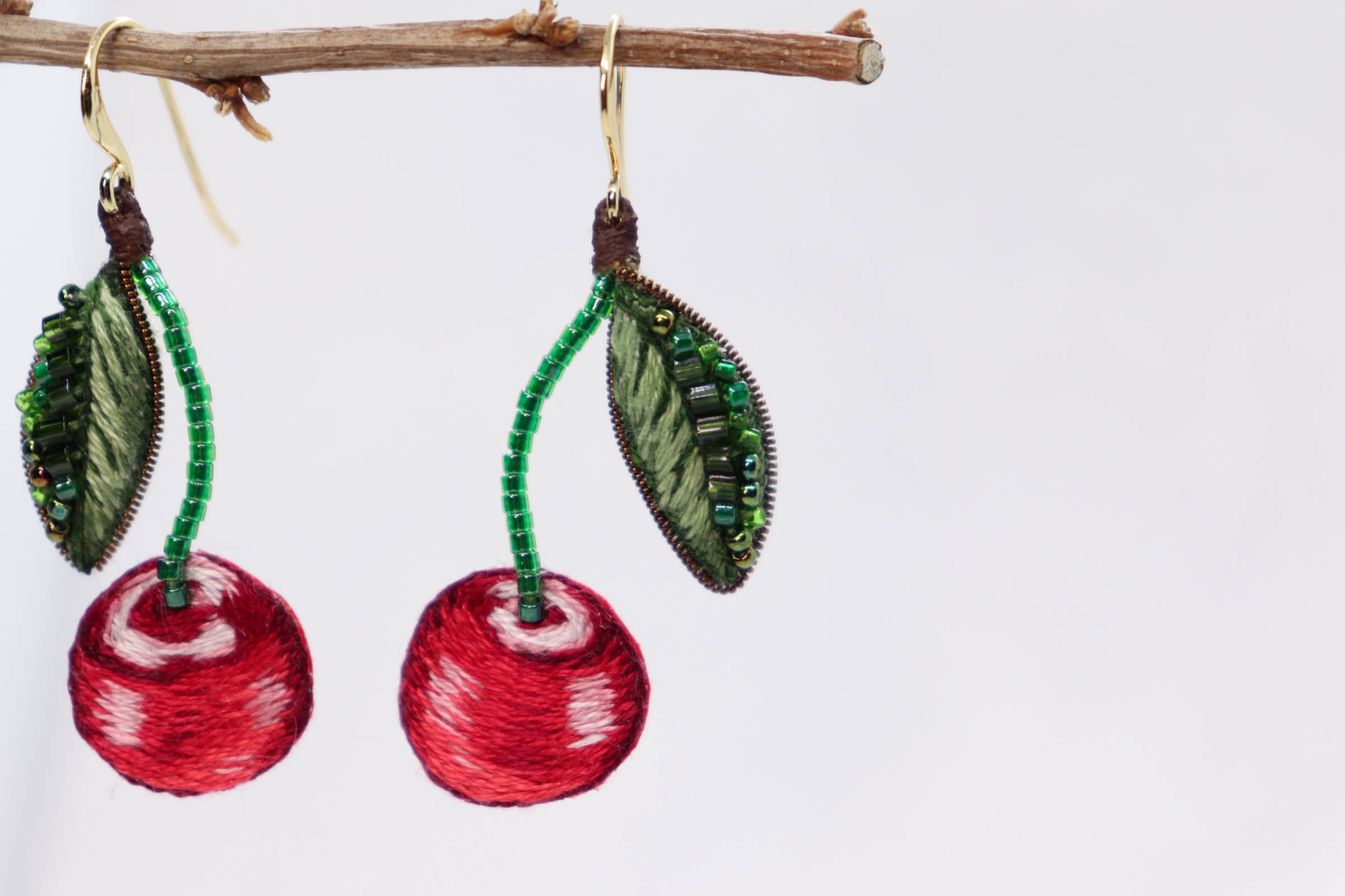 Red cherry earrings dangle fruit earrings embroidered food Etsy