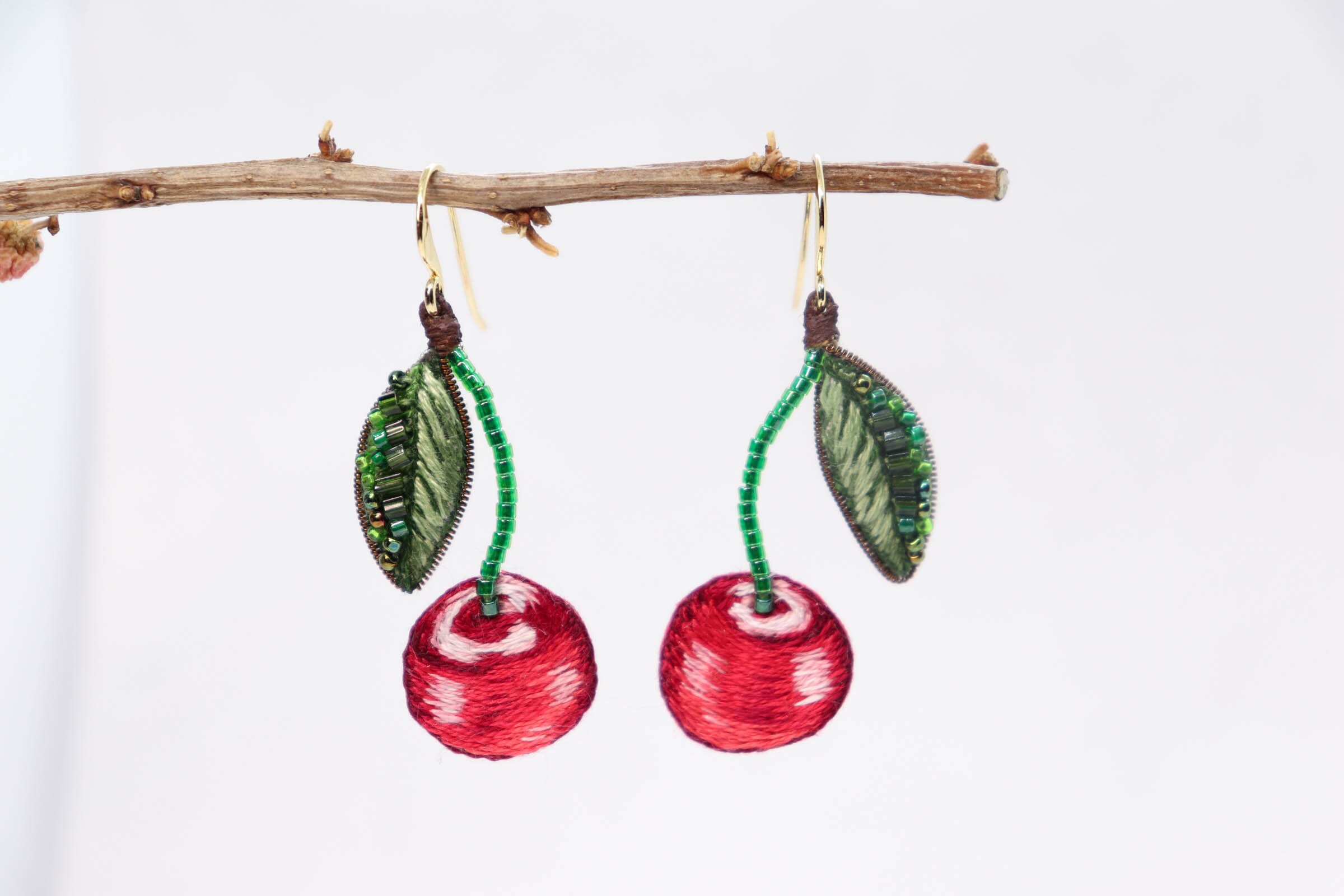 Red cherry earrings dangle fruit earrings embroidered food Etsy