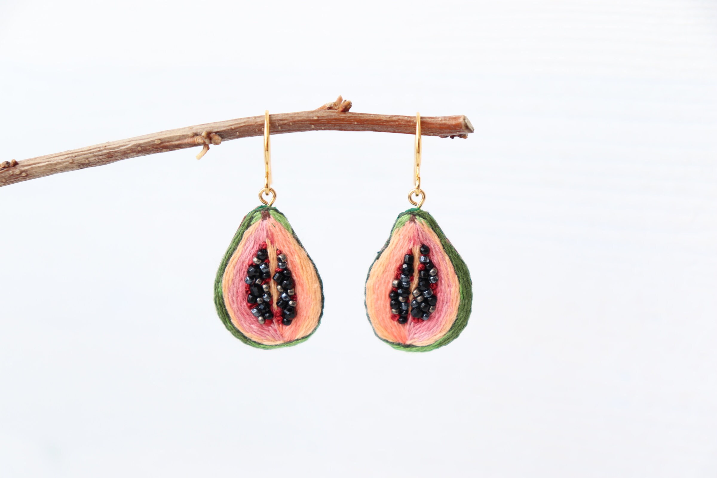 Fruit papaya earrings embroidered food earrings Etsy