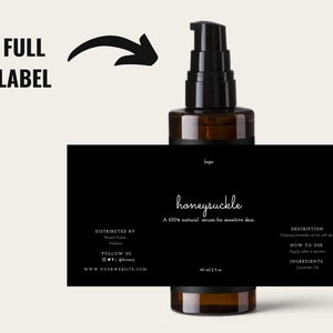 May include: A brown glass bottle with a black pump dispenser and a black label. The label reads "honeysuckle" and "A 100% natural serum for sensitive skin." The bottle contains 2 fl oz (60 ml) of serum.