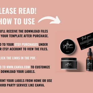 May include: A promotional image with instructions on how to use a template. The image includes a jar, a bottle, and a business card with the text "Saffron Skincare". The text on the image reads "Please Read! How to Use".