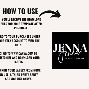 Puede incluir: Gr&aacute;fico beige con texto negro que detalla las instrucciones para descargar e imprimir etiquetas. El gr&aacute;fico incluye un logotipo negro para "Jenna Organic Skincare".