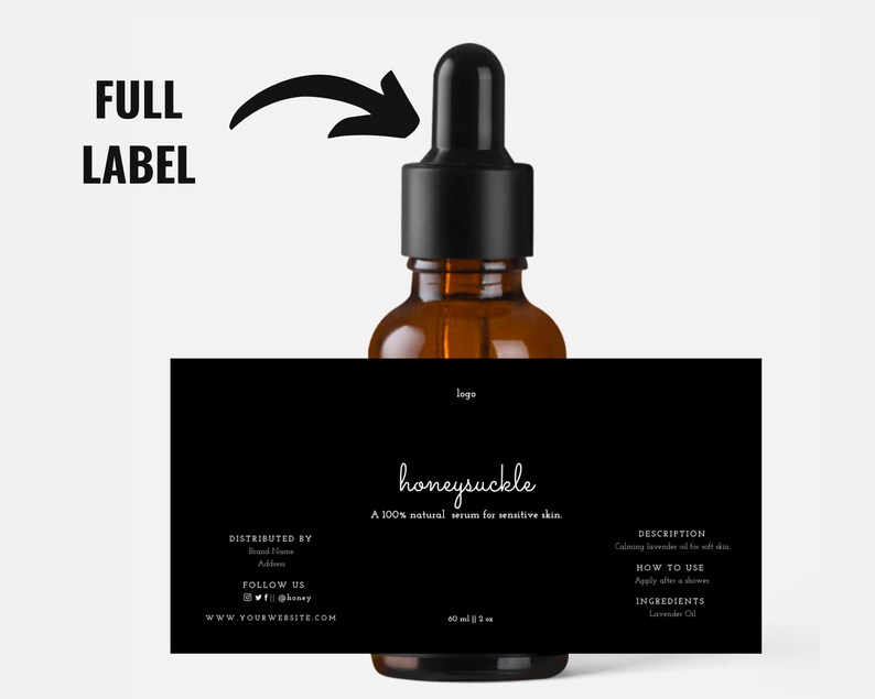 May include: A brown glass bottle with a black dropper and a black label. The label reads "honeysuckle" and "A 100% natural serum for sensitive skin." The bottle contains 60 ml / 2 oz of serum. The label also includes the website address and social media handles.