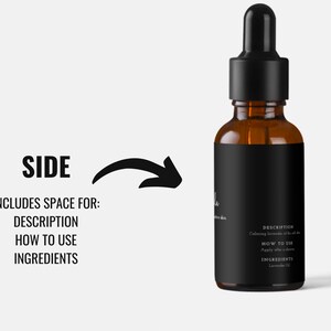 May include: A brown glass bottle with a black dropper and a black label. The label includes text for description, how to use, and ingredients. The bottle is for lavender oil.