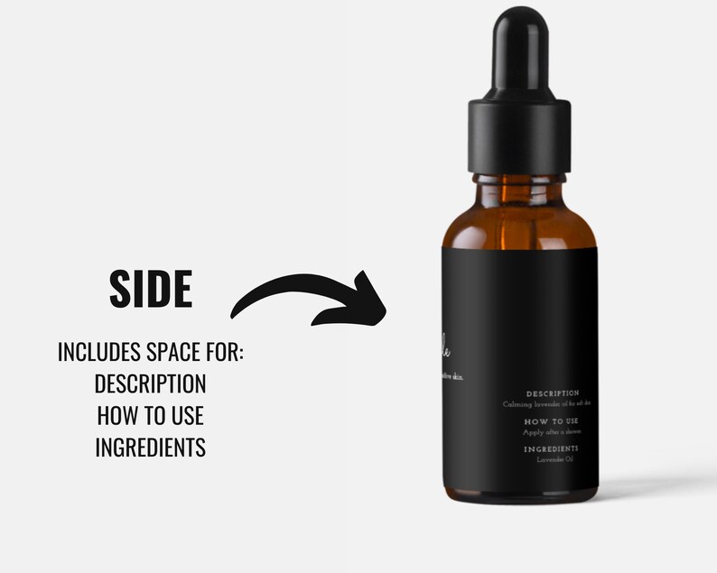 May include: A brown glass bottle with a black dropper and a black label. The label includes text for description, how to use, and ingredients. The bottle is for lavender oil.